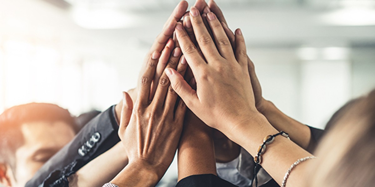 Team members hold their hands up together